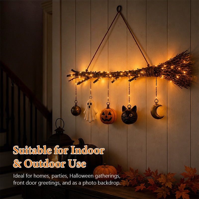 ๐ Halloween Luminous Witch Broom Wall Hanging Decor ๐งน