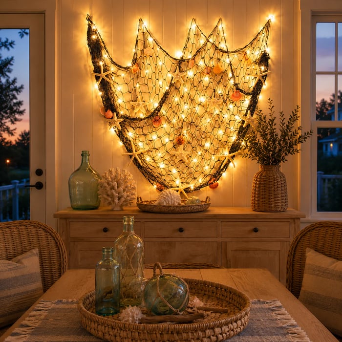 ๐โจ Coastal Fishing Net Wall Hanging with Fairy Lights