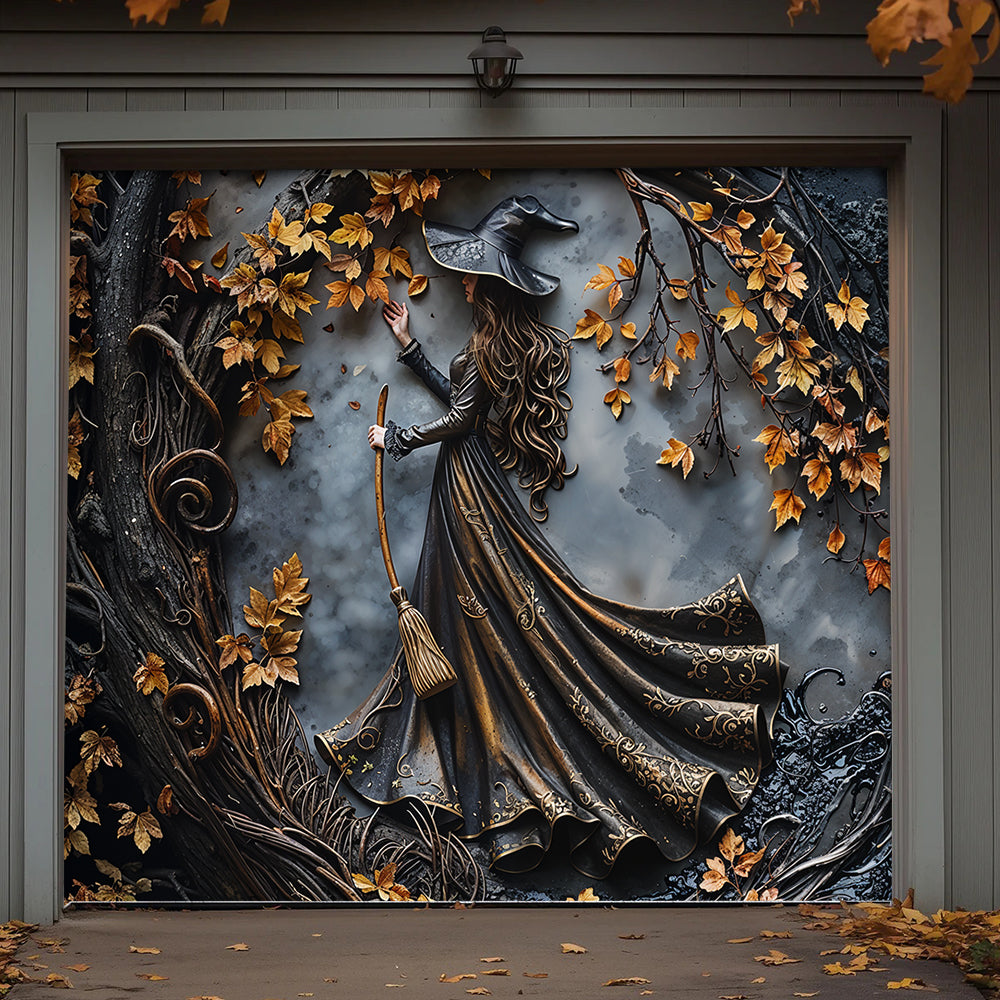 Witch Garage Door Banner Decoration Charming Autumn Witch