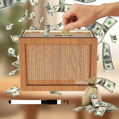 💵 $10,000 Savings Challenge Box – Wooden Money Bank