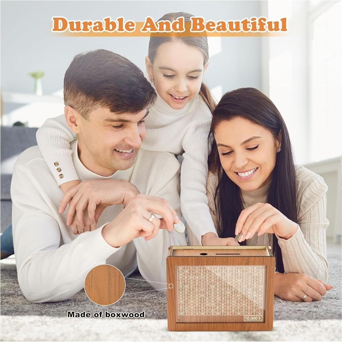 💵 $10,000 Savings Challenge Box – Wooden Money Bank