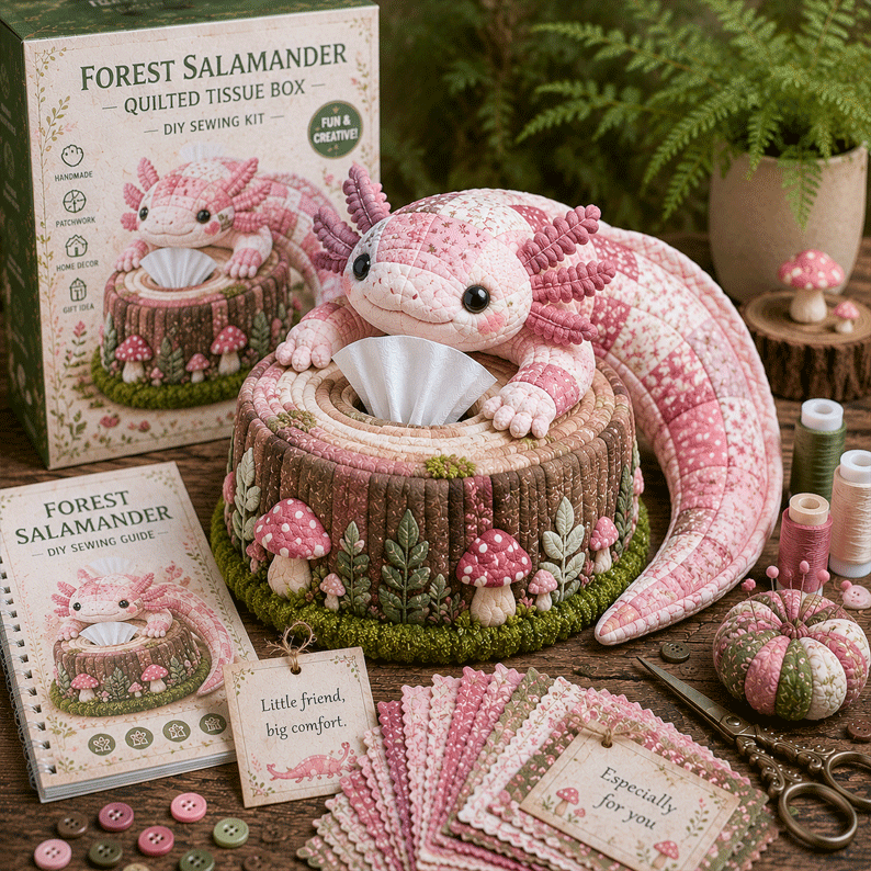 🦎✨ Patchwork Salamander Quilted Tissue Box DIY Sewing Kit