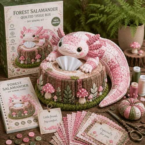 🦎✨ Patchwork Salamander Quilted Tissue Box DIY Sewing Kit