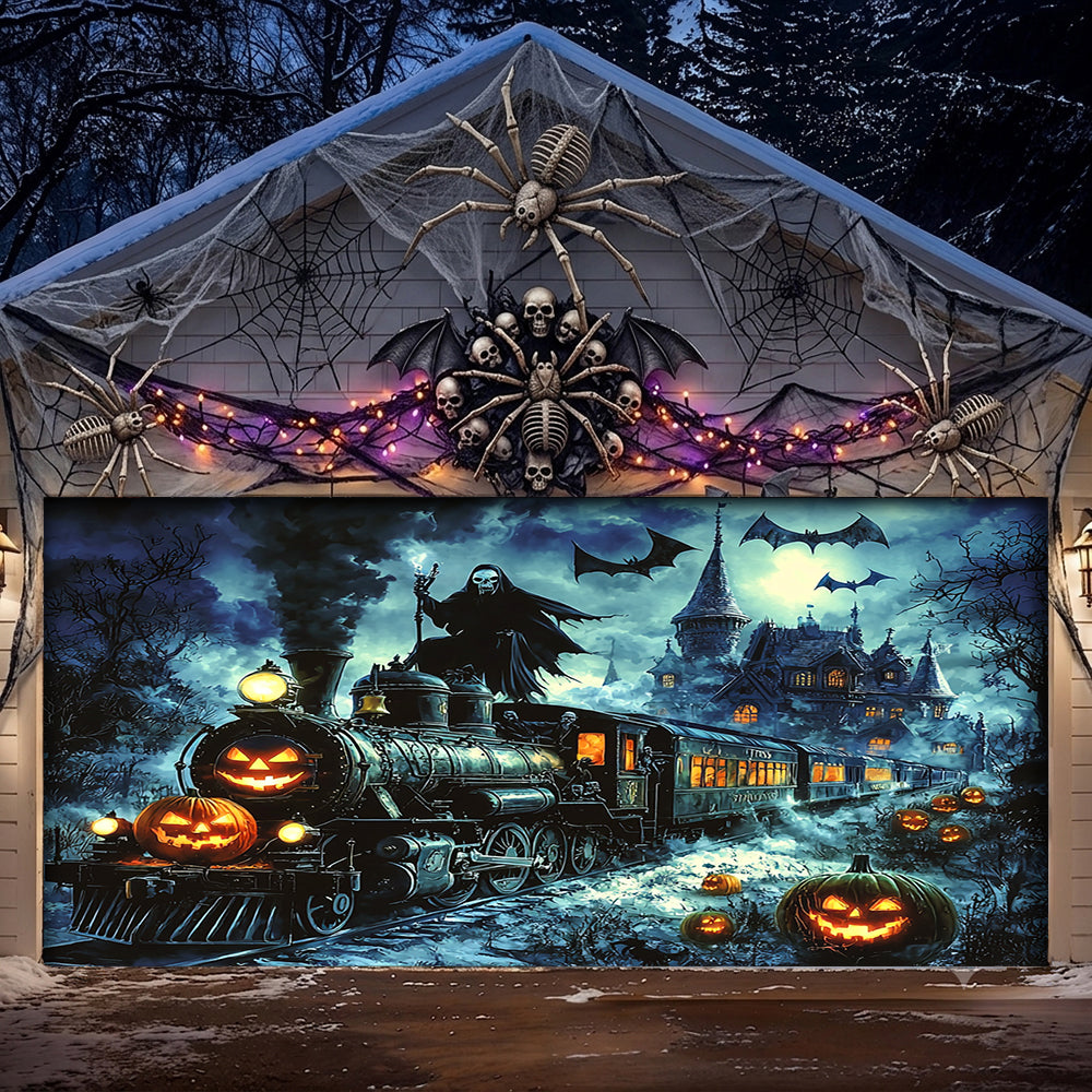 Halloween Garage Door Banner Decoration Grim Reaper Haunted Train