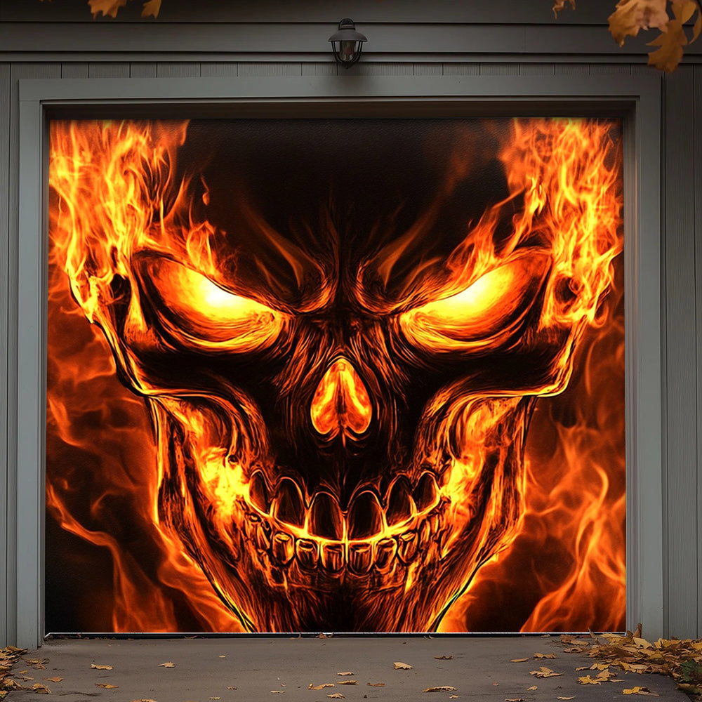 Halloween Garage Door Banner Decoration Flaming Skull