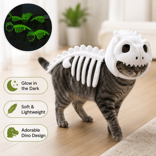 🔥 HOT SALE 🔥🦖 Glow-in-the-Dark Dinosaur Skeleton Cat Costume — Let Your Kitty Roar at Night! ✨