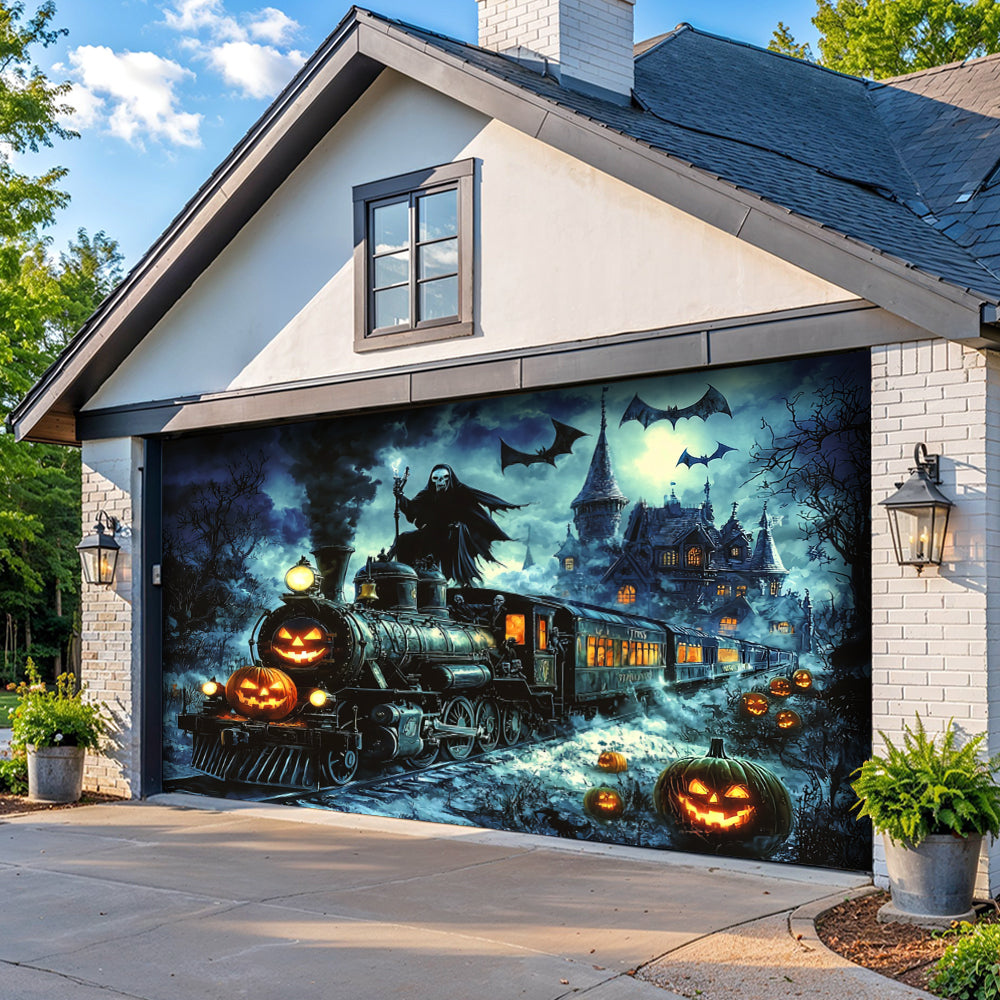 Halloween Garage Door Banner Decoration Grim Reaper Haunted Train
