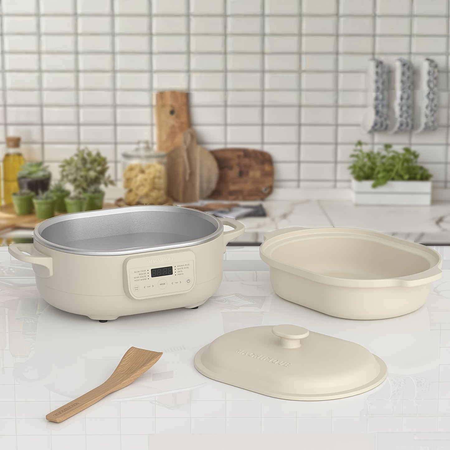 4.5 Quart 8-in-1 Clay Pot Multi-Cooker Slow Cooker with Removable Pot & Serving Spatula - Programmable Multi-Function Cooker Suitable for Braise, Sear\u002FSaute, Rice, Pasta, Oats - Clay Pot Technology, Plug, Compact for Small Kitchens