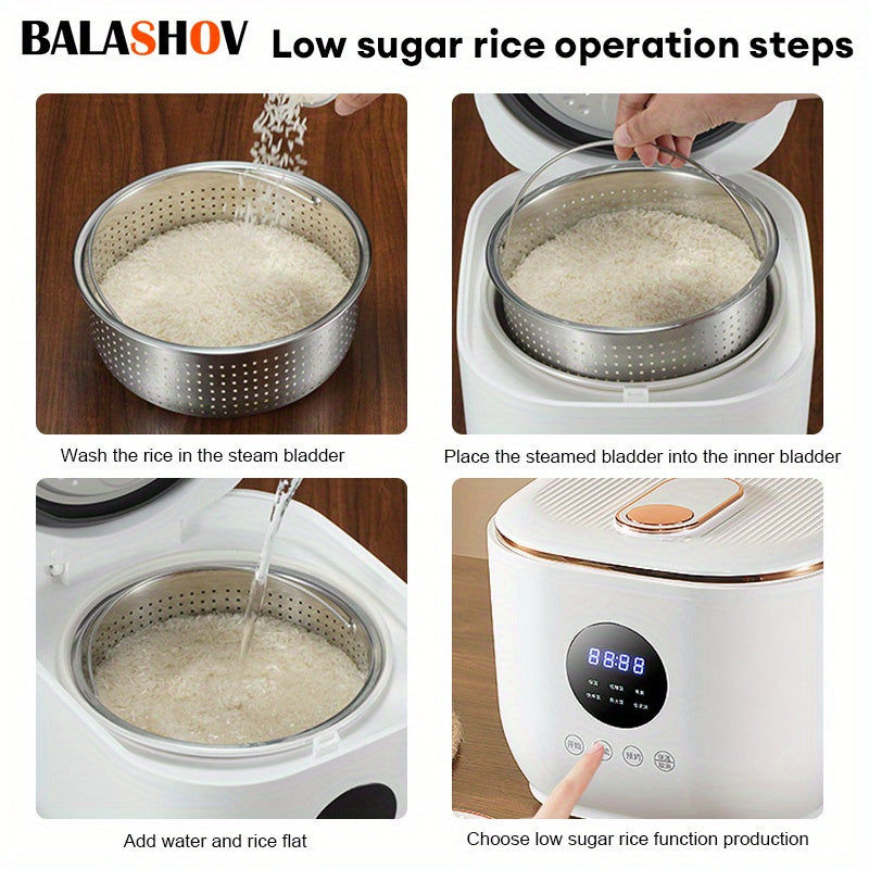 BALASHOV US Plug Multi Electric for rice Cooker, a Low-Sugar Cooking Device Featuring a Stainless Steel Steamer, a Travel Pot with a Removable Ceramic Non-Stick Pot