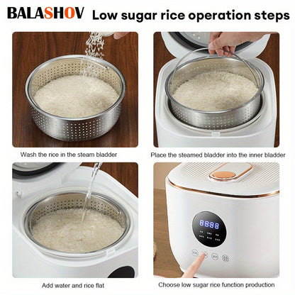 BALASHOV US Plug Multi Electric for rice Cooker, a Low-Sugar Cooking Device Featuring a Stainless Steel Steamer, a Travel Pot with a Removable Ceramic Non-Stick Pot