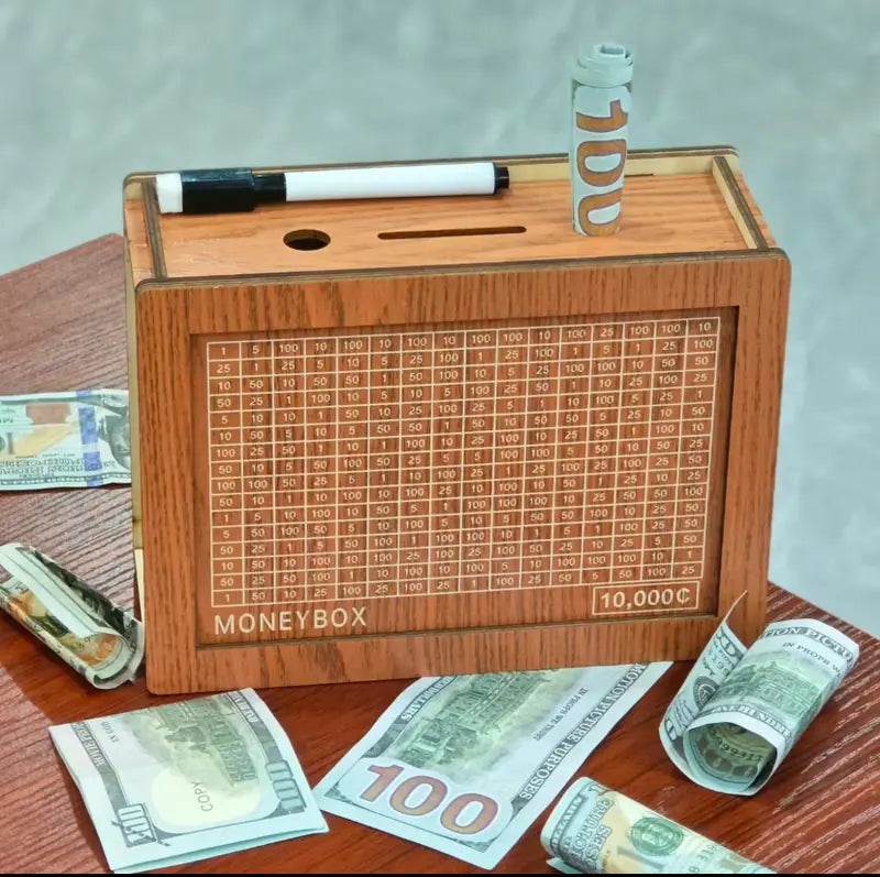 💵 $10,000 Savings Challenge Box – Wooden Money Bank