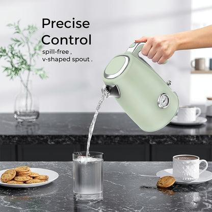 Electric Kettle Quick Heating, Hot Tea Water Boiler with Thermometer 57.48oz Stainless Steel Cordless LED Indicator 1500W, Auto Shut-Off And Boil Dry Protection, Easy to Clean, Green