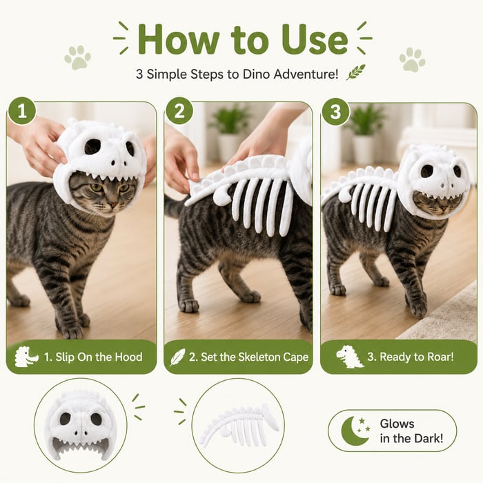🔥 HOT SALE 🔥🦖 Glow-in-the-Dark Dinosaur Skeleton Cat Costume — Let Your Kitty Roar at Night! ✨