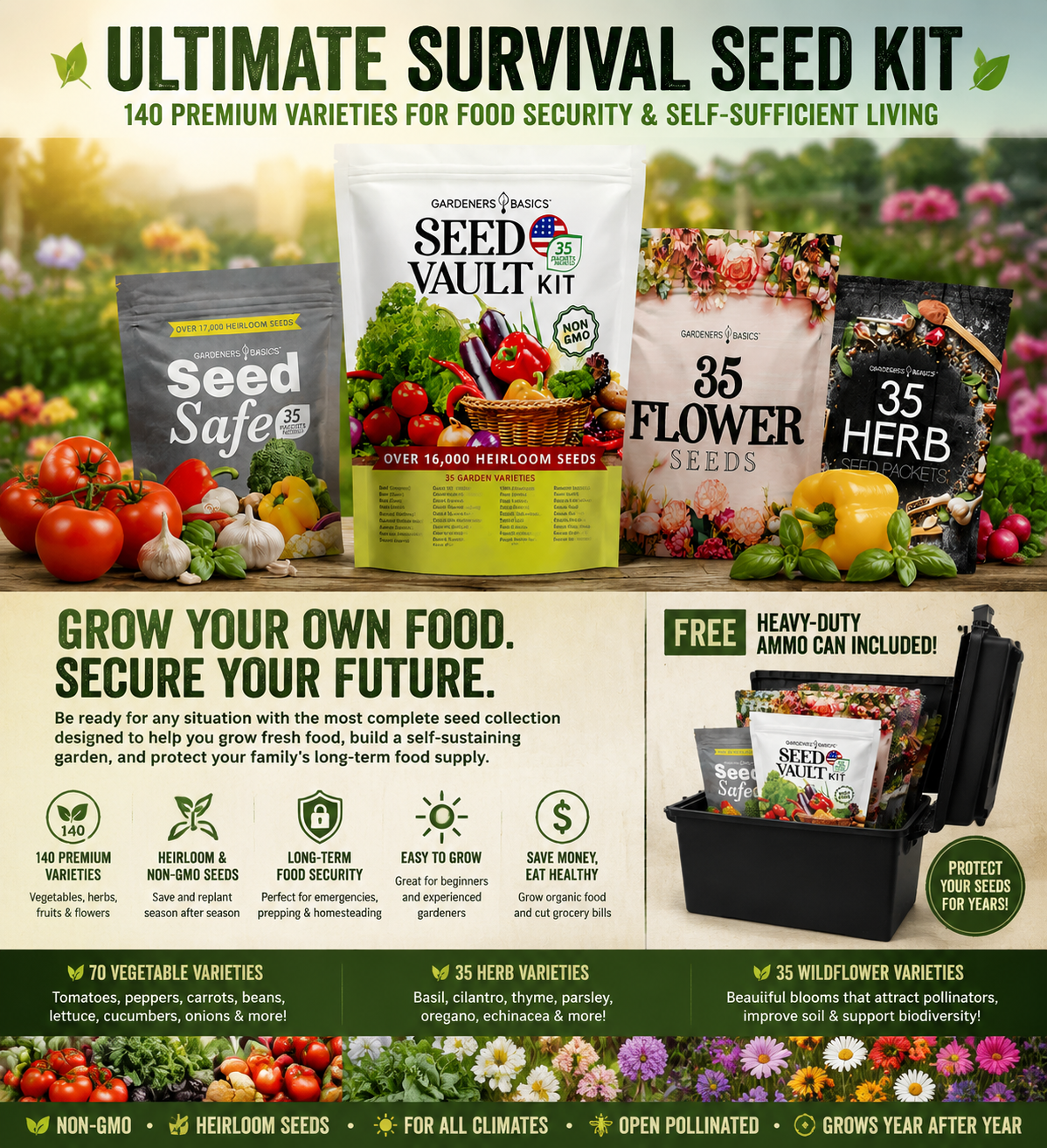 Ultimate Survival Seed Kit – 140 Heirloom Vegetable, Herb & Flower Seeds
