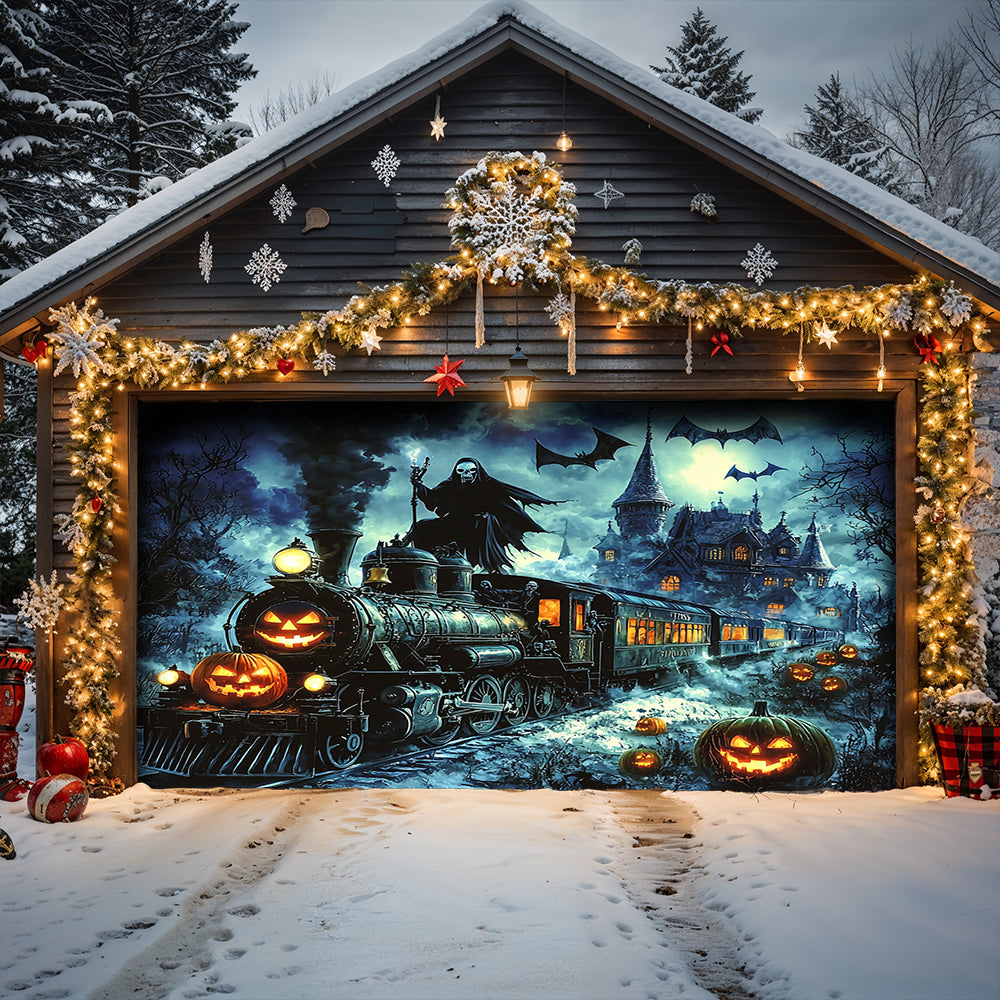 Halloween Garage Door Banner Decoration Grim Reaper Haunted Train