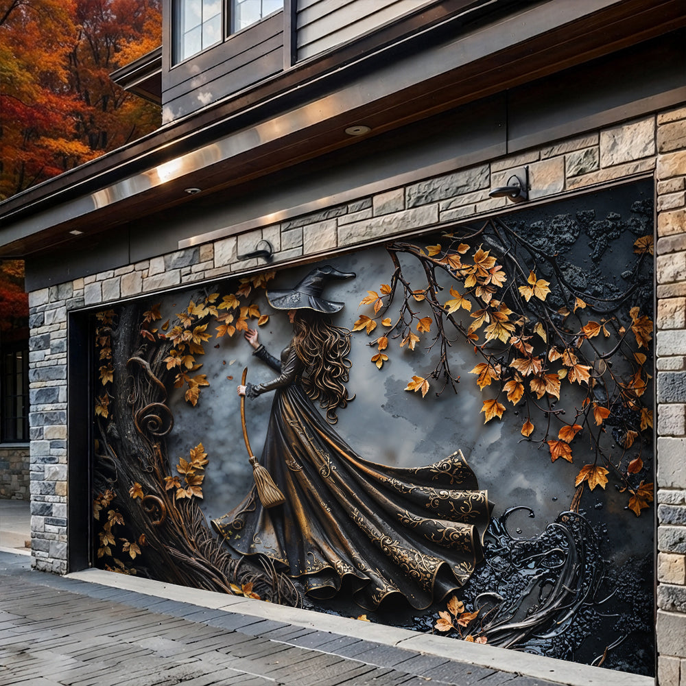 Witch Garage Door Banner Decoration Charming Autumn Witch