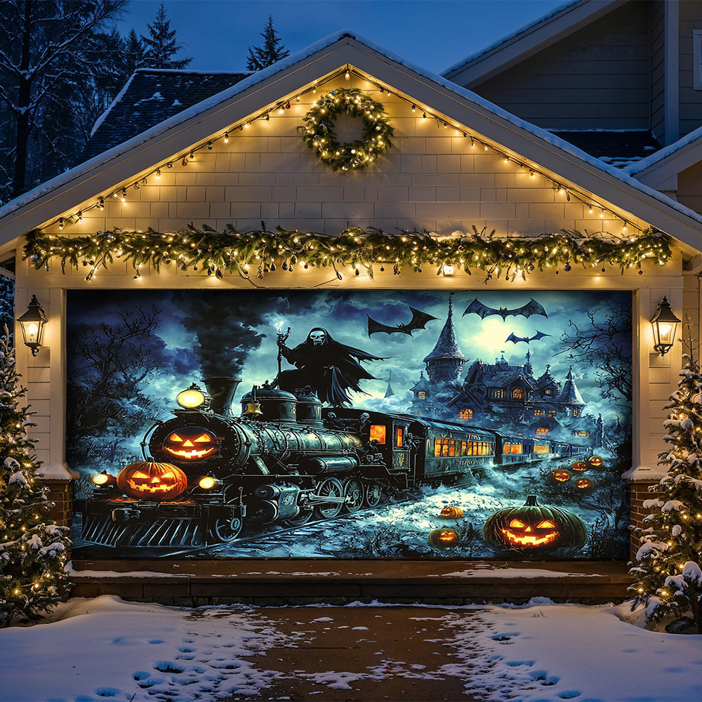Halloween Garage Door Banner Decoration Grim Reaper Haunted Train