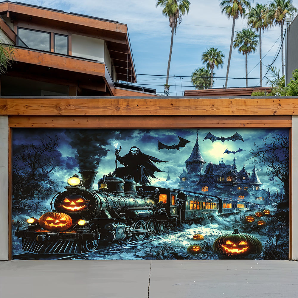 Halloween Garage Door Banner Decoration Grim Reaper Haunted Train