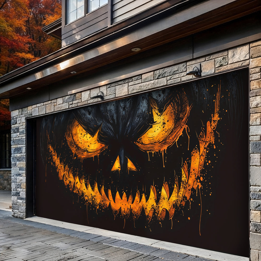 Halloween Garage Door Banner Decoration Sinister Pumpkin Face