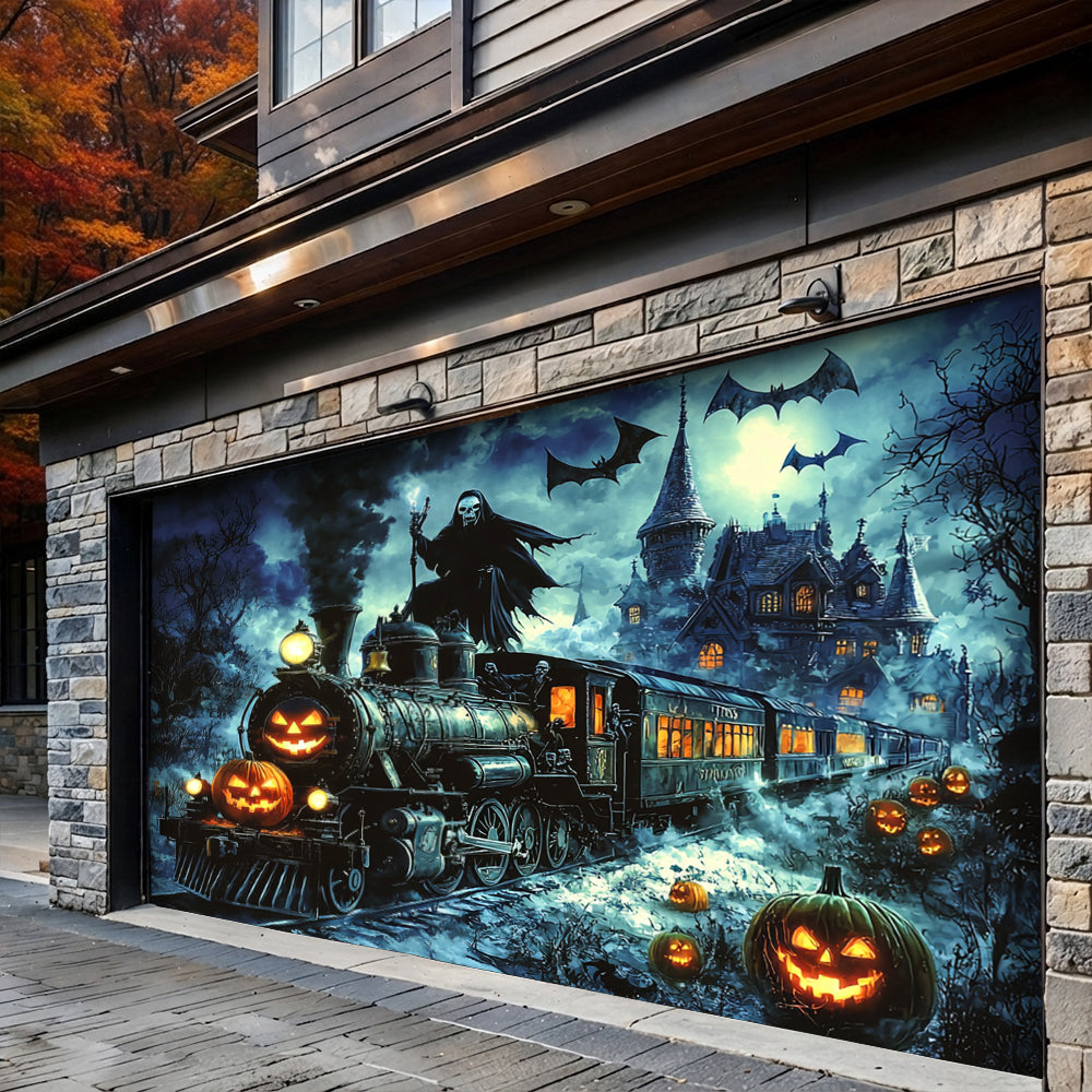 Halloween Garage Door Banner Decoration Grim Reaper Haunted Train