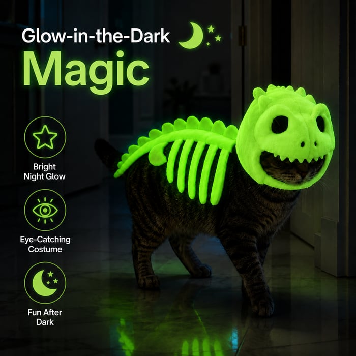🔥 HOT SALE 🔥🦖 Glow-in-the-Dark Dinosaur Skeleton Cat Costume — Let Your Kitty Roar at Night! ✨