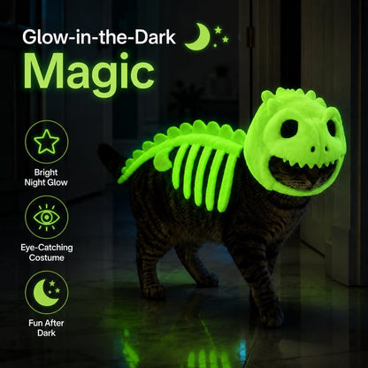 🔥 HOT SALE 🔥🦖 Glow-in-the-Dark Dinosaur Skeleton Cat Costume — Let Your Kitty Roar at Night! ✨