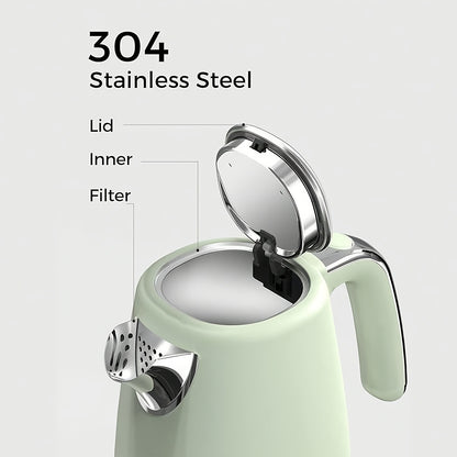 Electric Kettle Quick Heating, Hot Tea Water Boiler with Thermometer 57.48oz Stainless Steel Cordless LED Indicator 1500W, Auto Shut-Off And Boil Dry Protection, Easy to Clean, Green