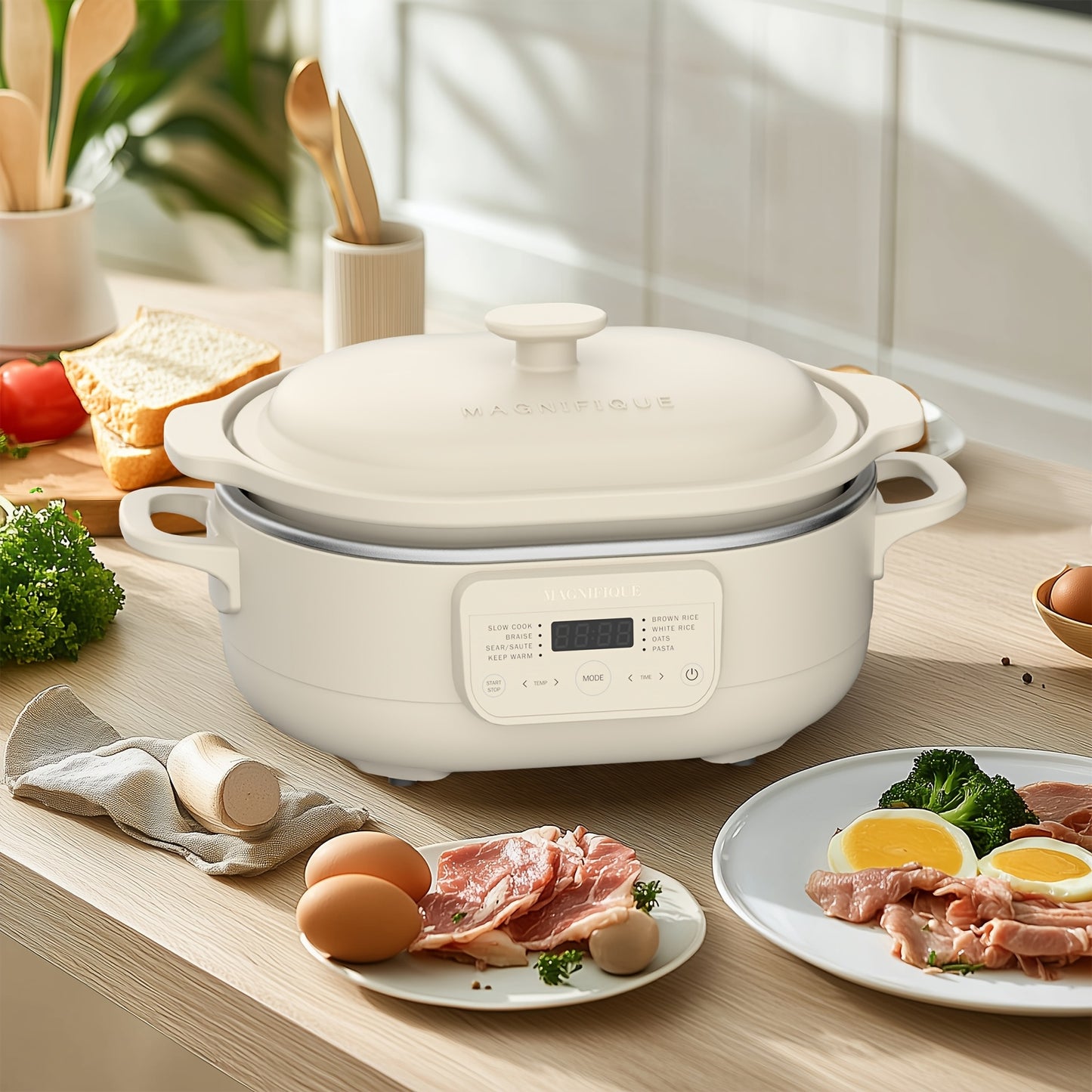 4.5 Quart 8-in-1 Clay Pot Multi-Cooker Slow Cooker with Removable Pot & Serving Spatula - Programmable Multi-Function Cooker Suitable for Braise, Sear\u002FSaute, Rice, Pasta, Oats - Clay Pot Technology, Plug, Compact for Small Kitchens