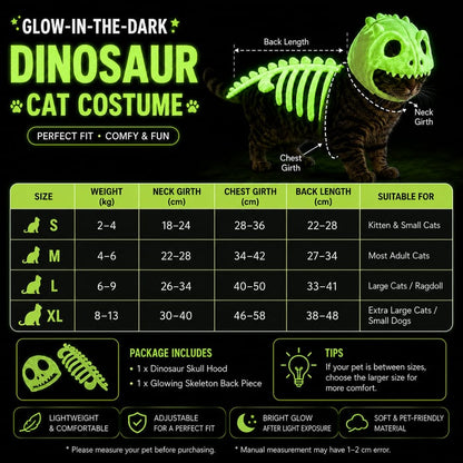 🔥 HOT SALE 🔥🦖 Glow-in-the-Dark Dinosaur Skeleton Cat Costume — Let Your Kitty Roar at Night! ✨