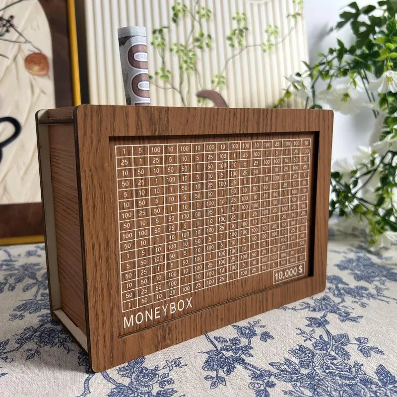 💵 $10,000 Savings Challenge Box – Wooden Money Bank