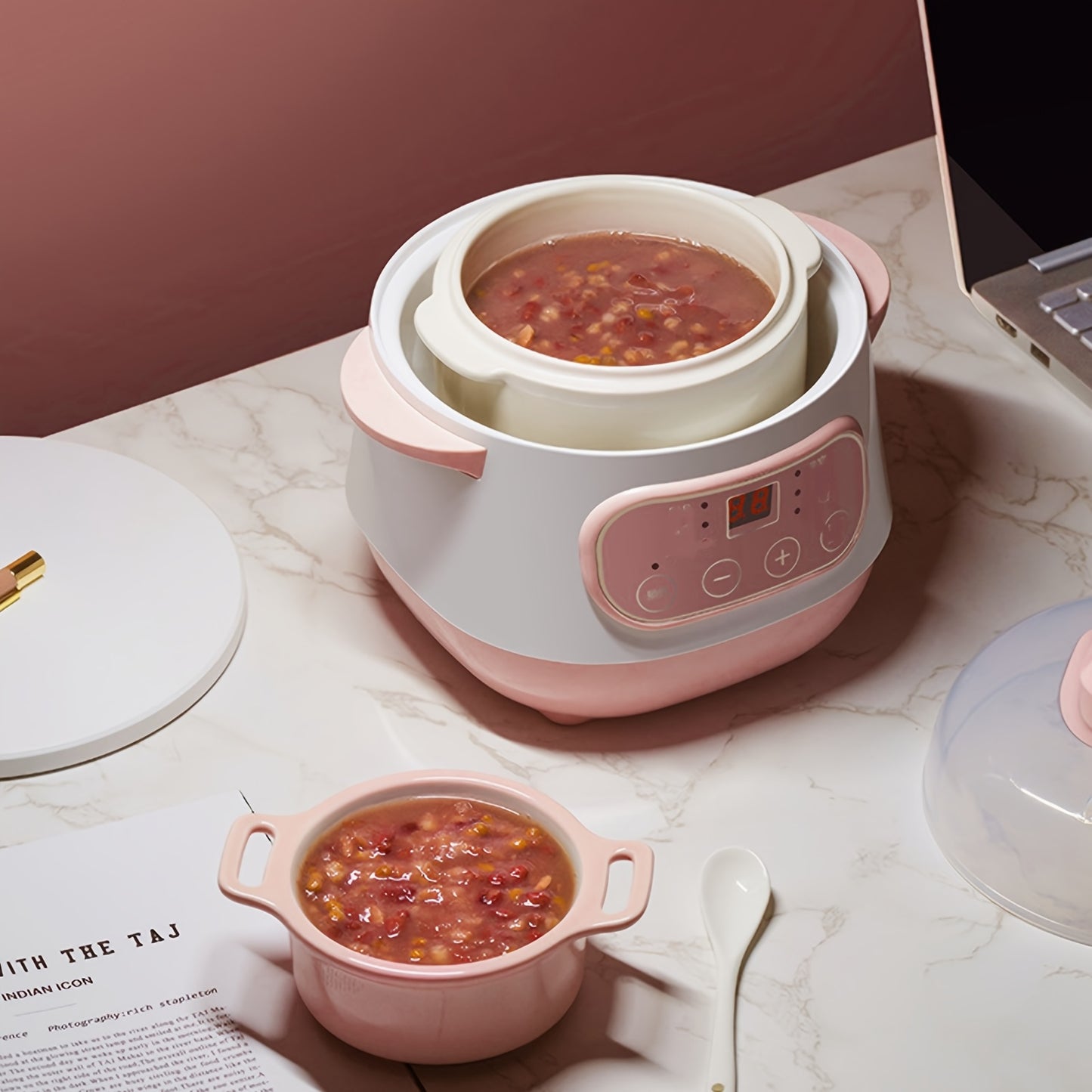 33.81oz Ceramic Stew Pot, Anti Dry Burn Ceramic Cooker with 24H Intelligent Reservation, for Porridge Rice Soup