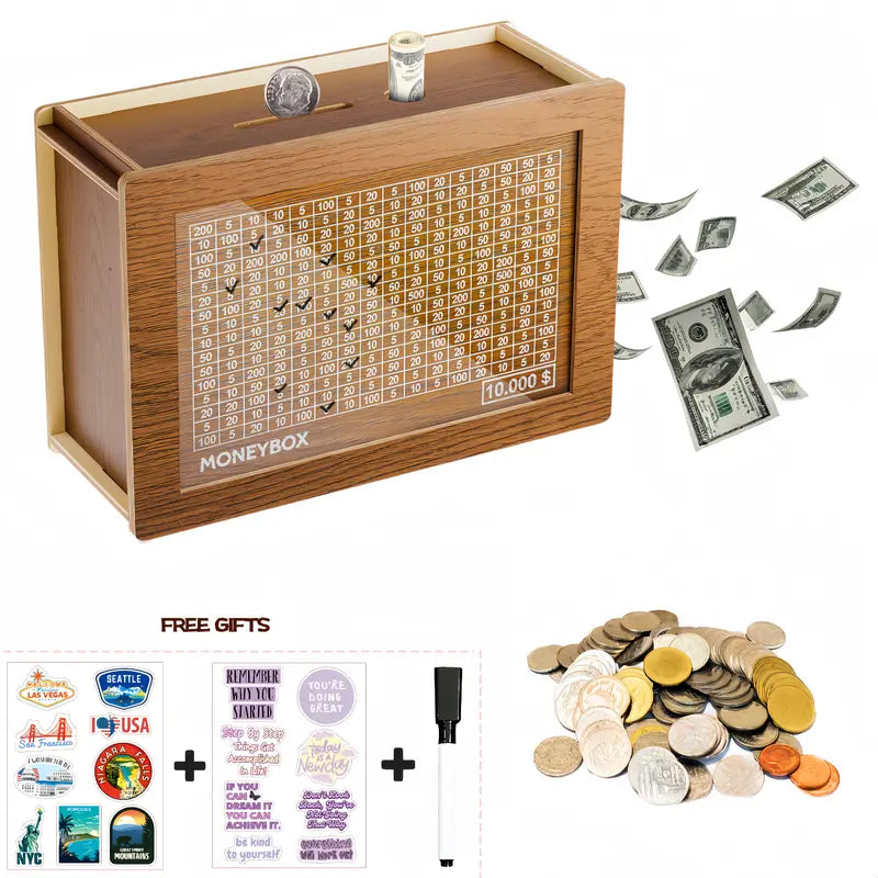 💵 $10,000 Savings Challenge Box – Wooden Money Bank