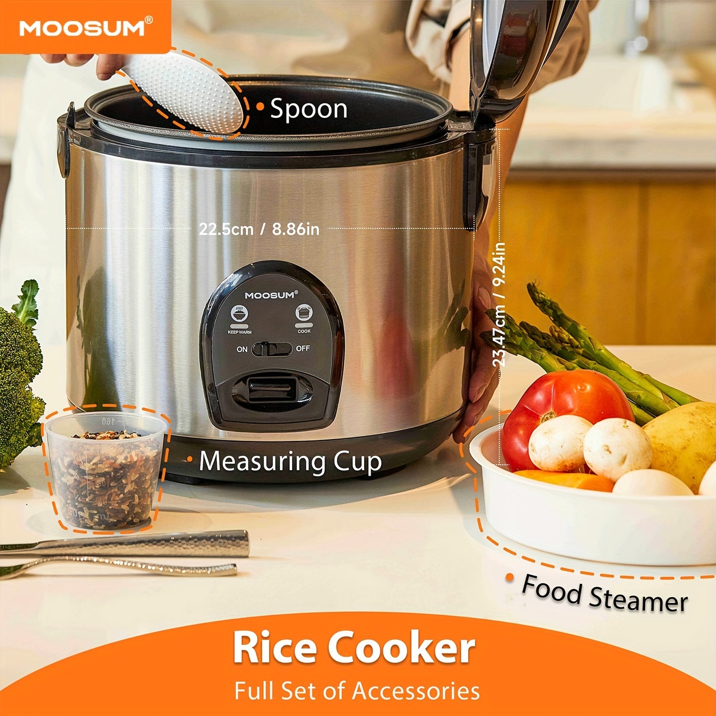 MOOSUM Electric Rice Cooker With One Touch For Asian Japanese Sushi Rice, 10-cup Uncooked\u002F20-cup Cooked, Fast And Convenient Cooker With Steamer, Stainless Steel Housing And Auto Warmer