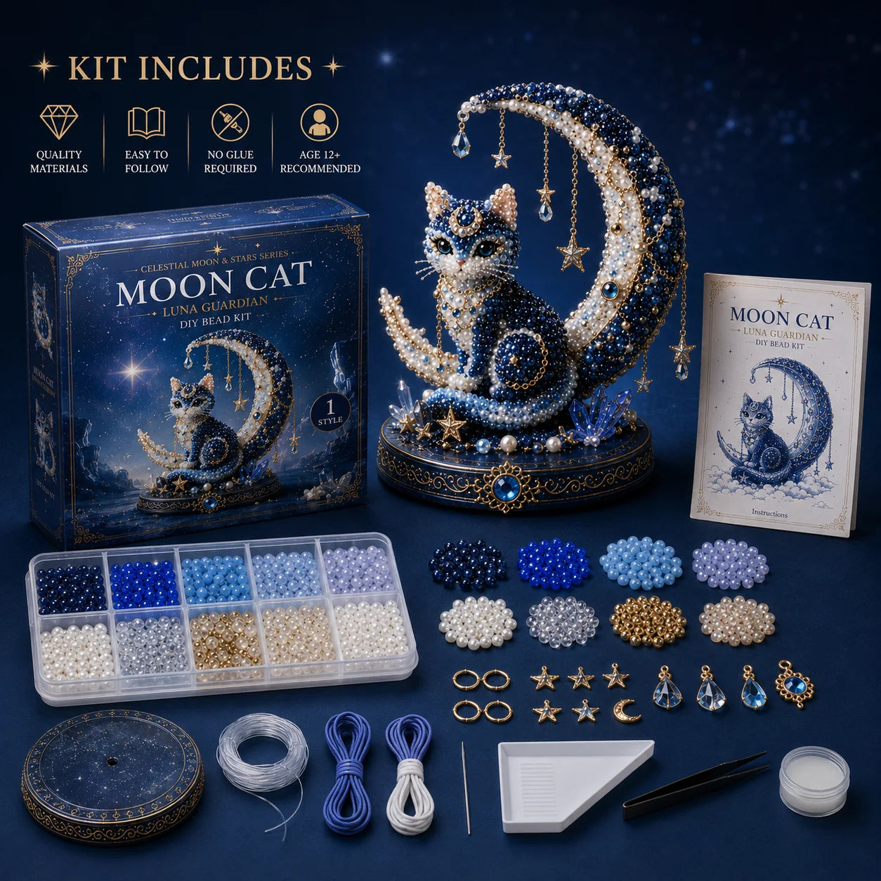 🌙 Moon Cat Luna Guardian DIY Bead Kit | Celestial Moon & Stars Series