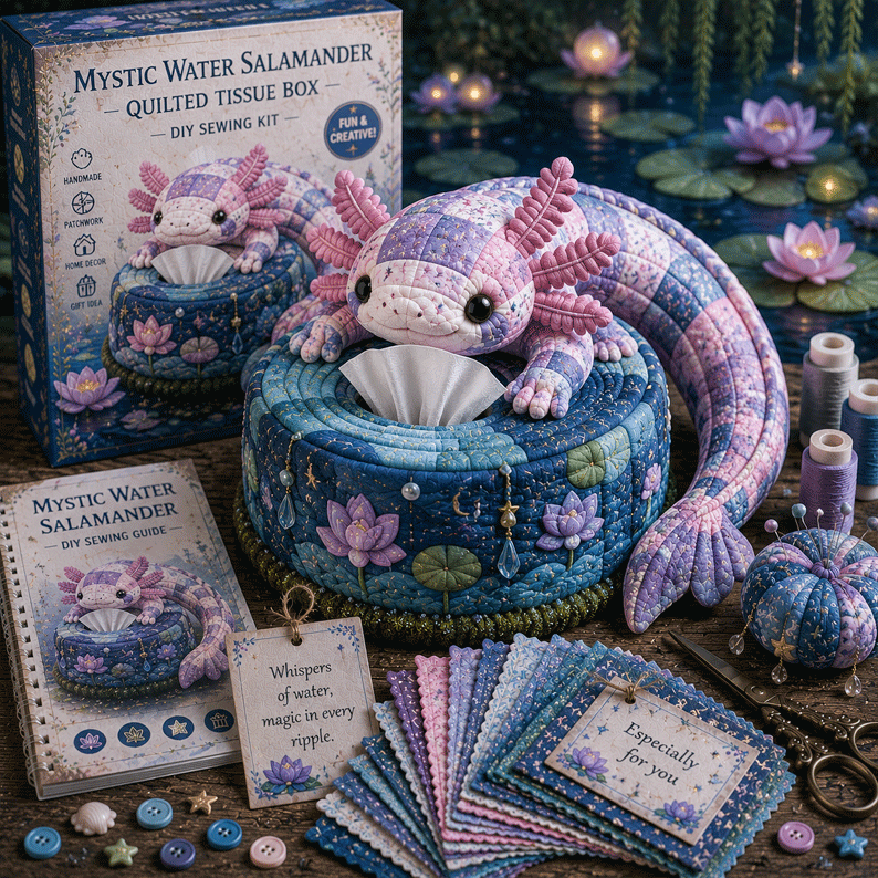 🦎✨ Patchwork Salamander Quilted Tissue Box DIY Sewing Kit