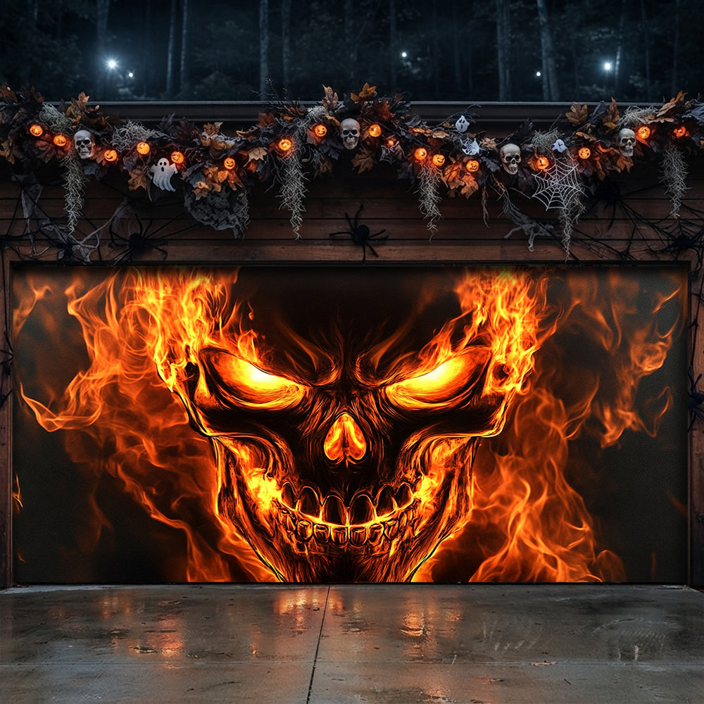 Halloween Garage Door Banner Decoration Flaming Skull