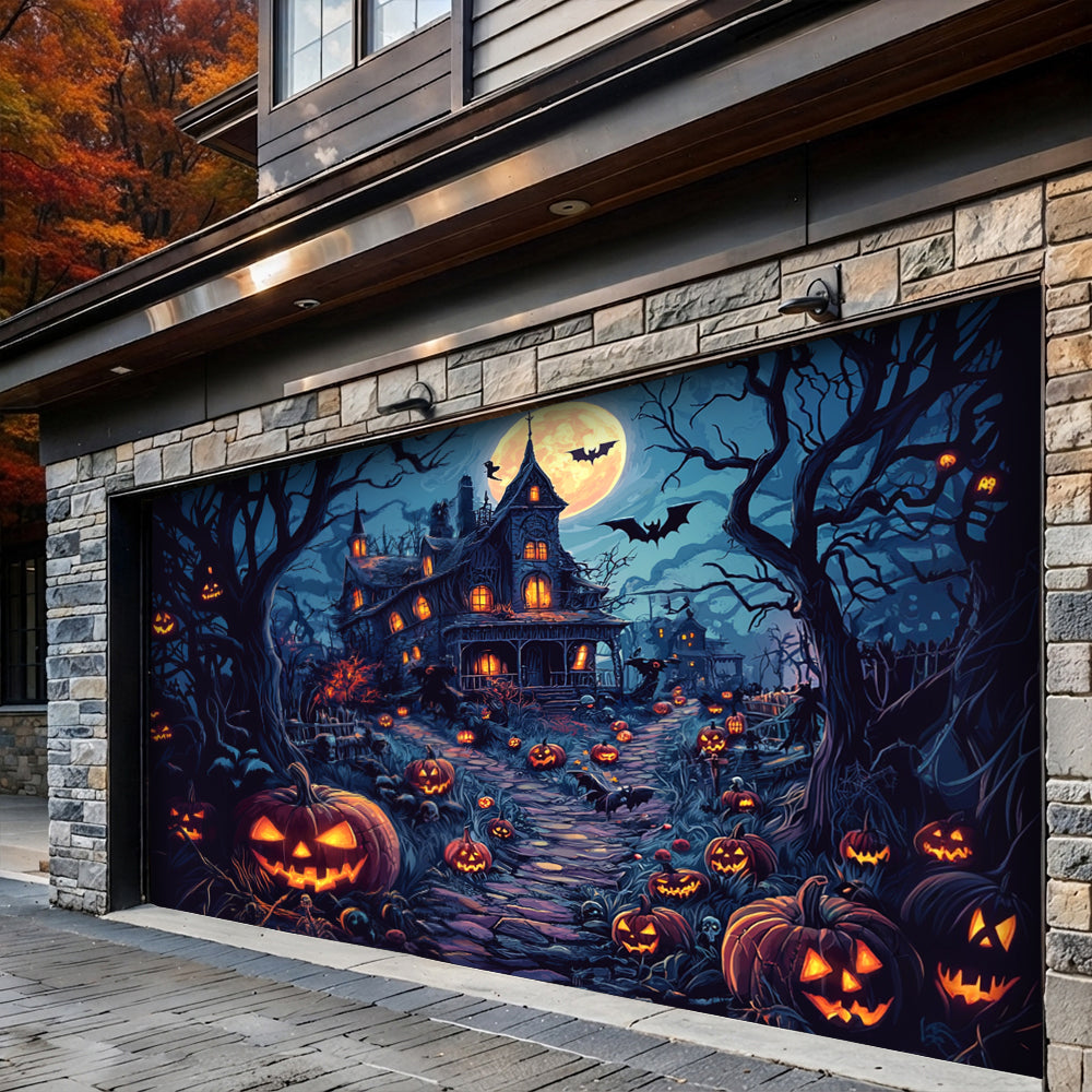 Halloween Garage Door Banner Decoration  Moonlit Pumpkin Haunted House