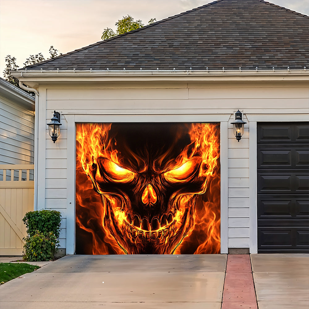 Halloween Garage Door Banner Decoration Flaming Skull