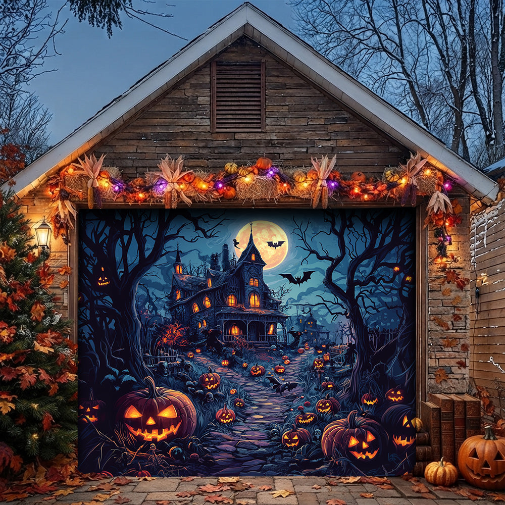Halloween Garage Door Banner Decoration  Moonlit Pumpkin Haunted House