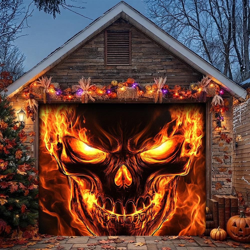 Halloween Garage Door Banner Decoration Flaming Skull