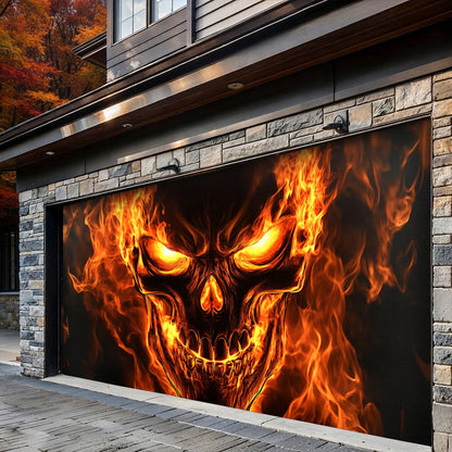 Halloween Garage Door Banner Decoration Flaming Skull