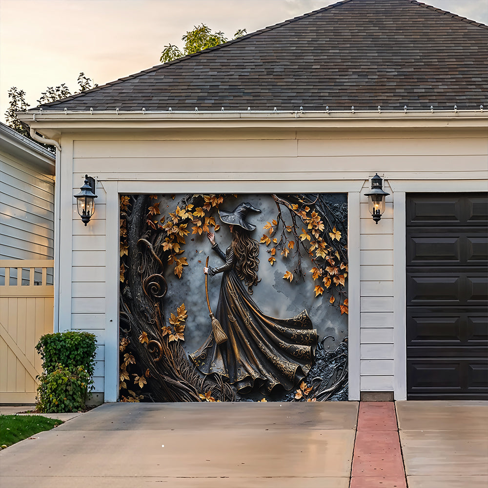 Witch Garage Door Banner Decoration Charming Autumn Witch
